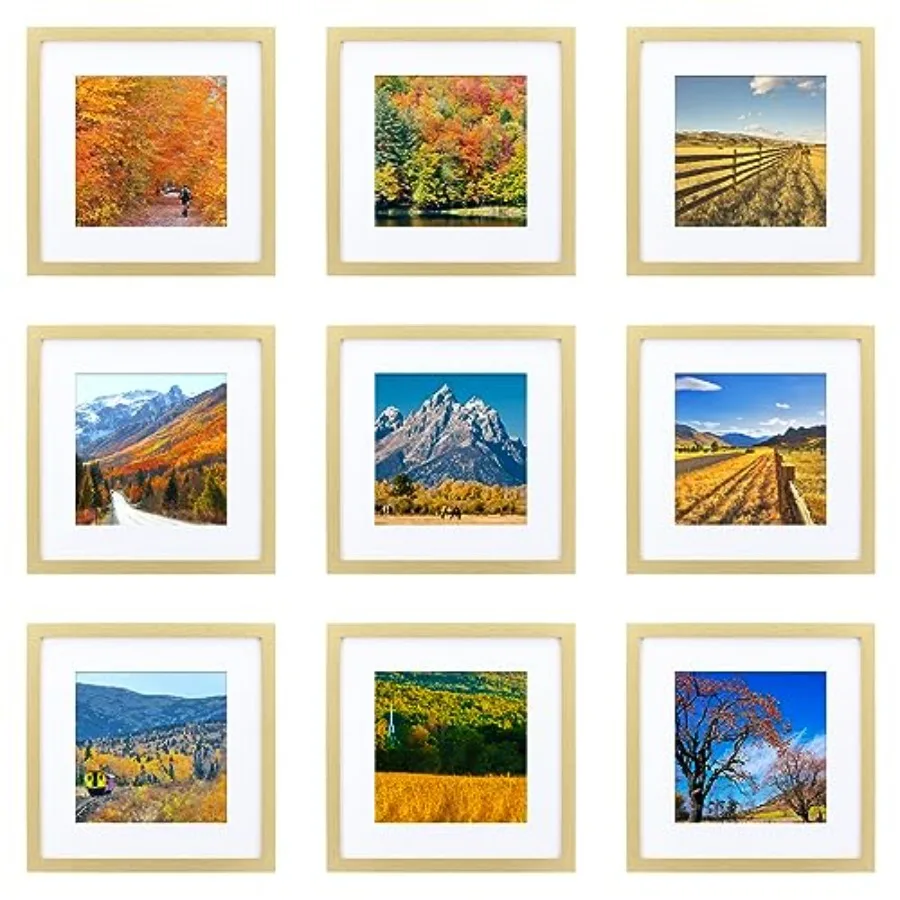 

12x12 Picture Frame Set of 9 Display Pictures 8x8 with Mat or 12 x 12 without Mat Multi Collage Gallery Square Photo Frames for