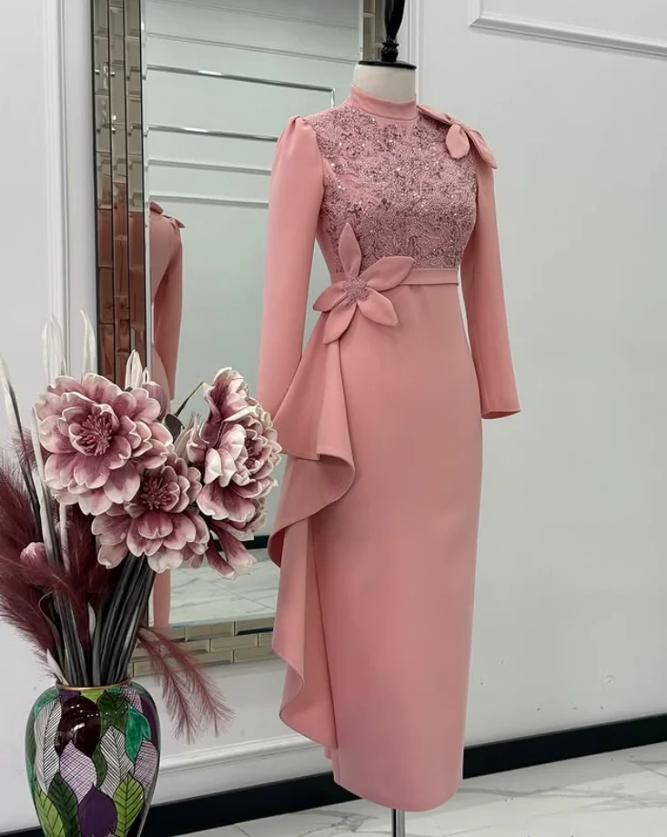 

Pearl Pink Tea-length Mother of the Bride Dresses Long Sleeve Applique Customized Jersey Bespoke Wedding Party Gown