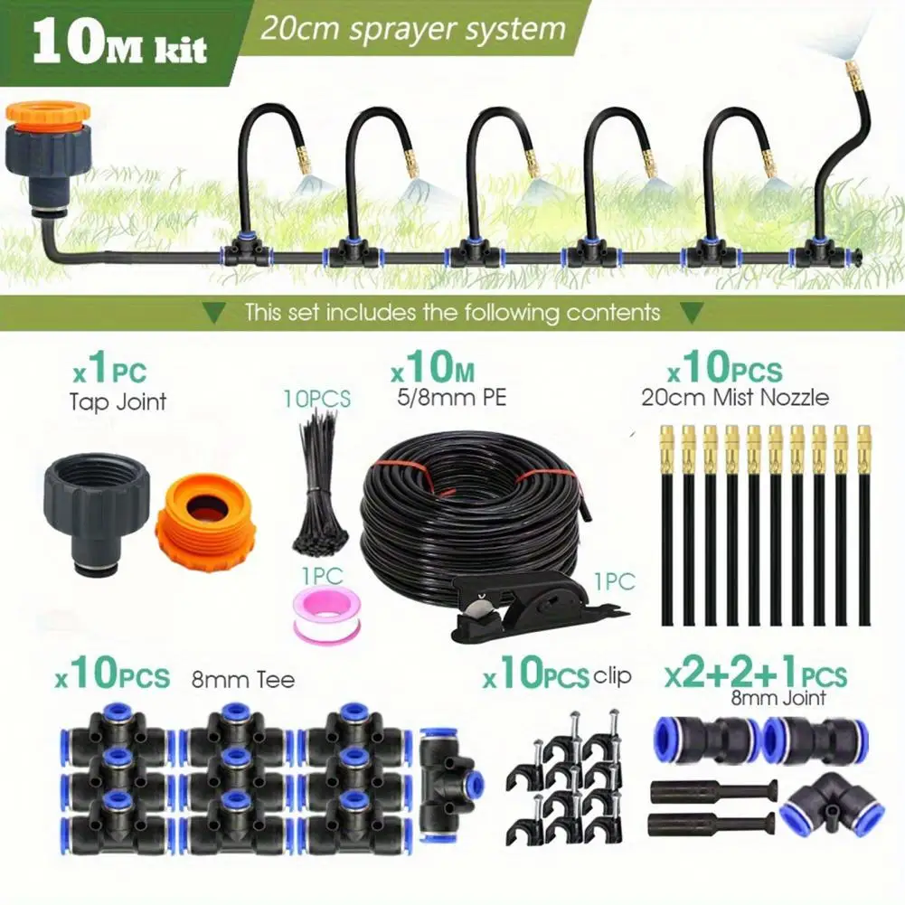 Adjustable Brass Nozzle 10m/15m Garden Irrigation System Kit with 360° Bendable Nozzles Quick Connect Drip for Greenhouse