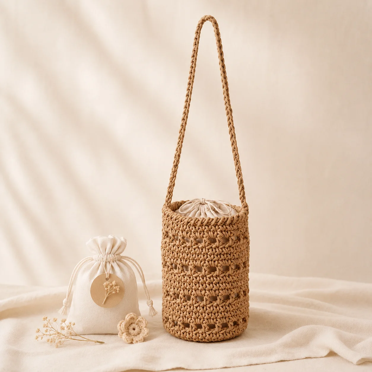Colorful Crochet Bucket Bag Hollow Woven Cylinder Bag Boho Cotton Rope Shoulder Bag Drawstring Lined Woven Pouch