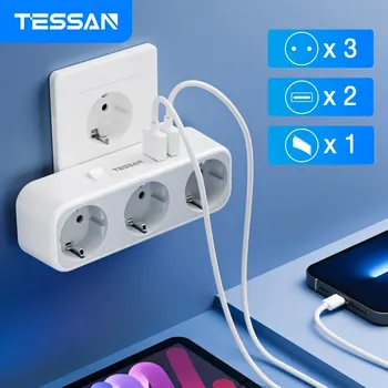 TESSAN USB-Wandsteckdosen-Extender mit 3 AC-Steckdosen + 2 USB-Anschlüssen, EU-Stecker, Netzteil, Überlastschutz, Schalter für Zuhause/Büro