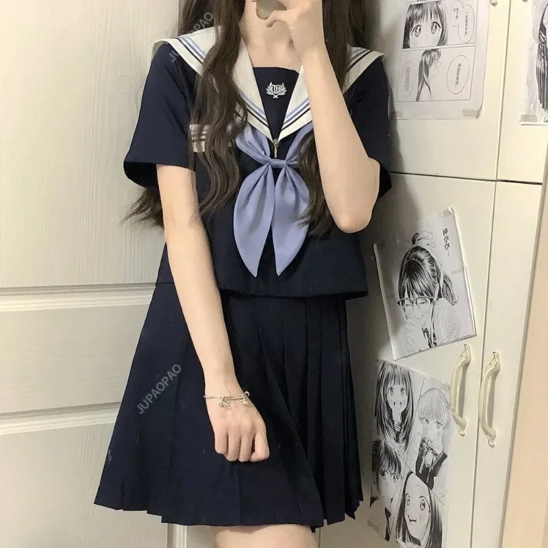 

Japanese School Uniforms Style Student Girls Navy Costume Women Sexy Black JK Long Dress Suit Sailor Blouse Pleated Skirt Set