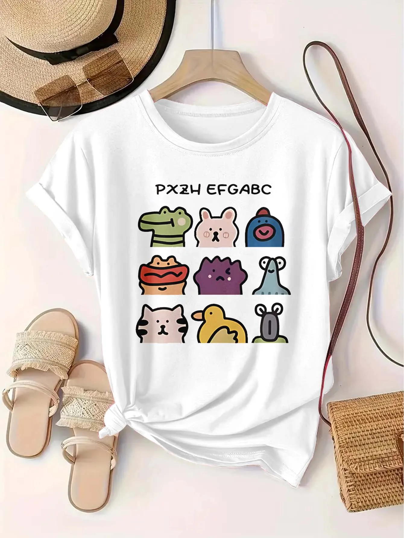 

Плюс размер 1xl-5xl Футболка с коротким рукавом Женская одежда оверсайз Красочные мультяшные животные «PX∑H EFGABC» Графика