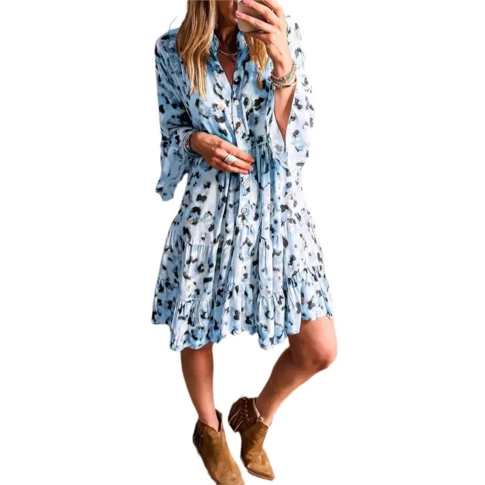 Camisa estampada de manga larga, vestido de mujer de un solo pecho, primavera Otoño, nuevos vestidos informales sueltos empalmados elegantes para playa para mujer