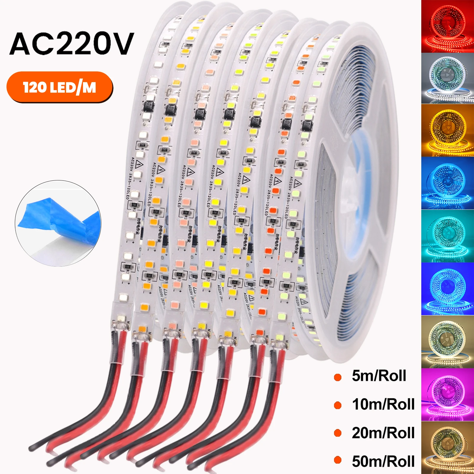 Светодиодная лента 220В с чипом IC, 120 светодиодов, без блока питания, 5м 10м 20м 50м, гибкая клейкая лента, 8мм PCB, водонепроницаемая, для домашнего декора
