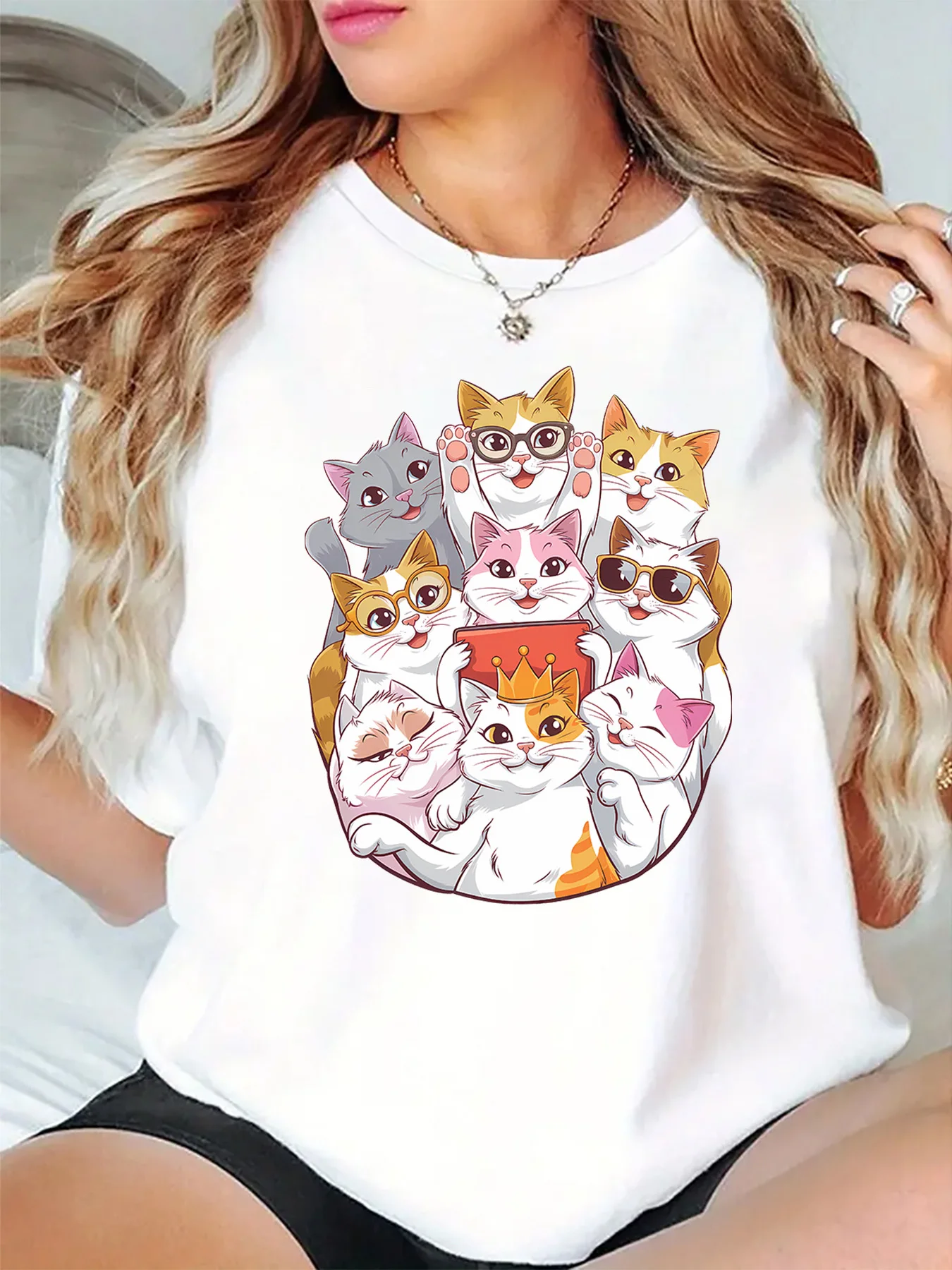 Cute Group Cartoon Cats With Glasses Crown Art Print Graphic Ladies T Shirt Short Sleeve Crew Neck Casual Daily Tee Tops