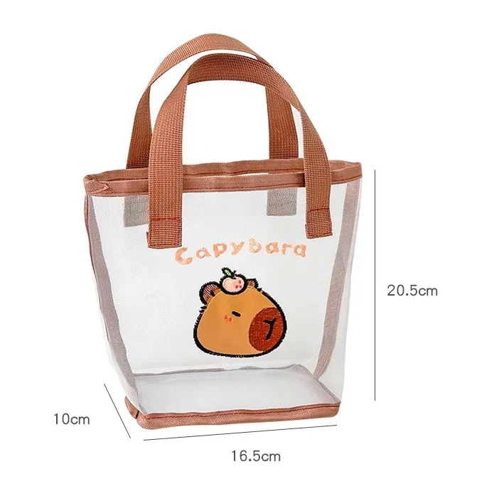 Cartoon Capybara Mesh Handbag Totes Hollow Out Shoulder Bag For Student File Collection Bag Casual Large Capacity Pack