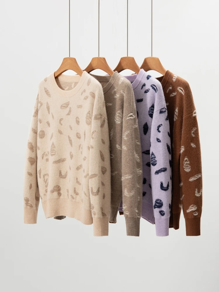 

Женский пуловер из 100% кашемира, свитер на осень-зиму с круглым вырезом, утепленный цвет, свободные жаккардовые топы с длинными рукавами для ленивого ветра