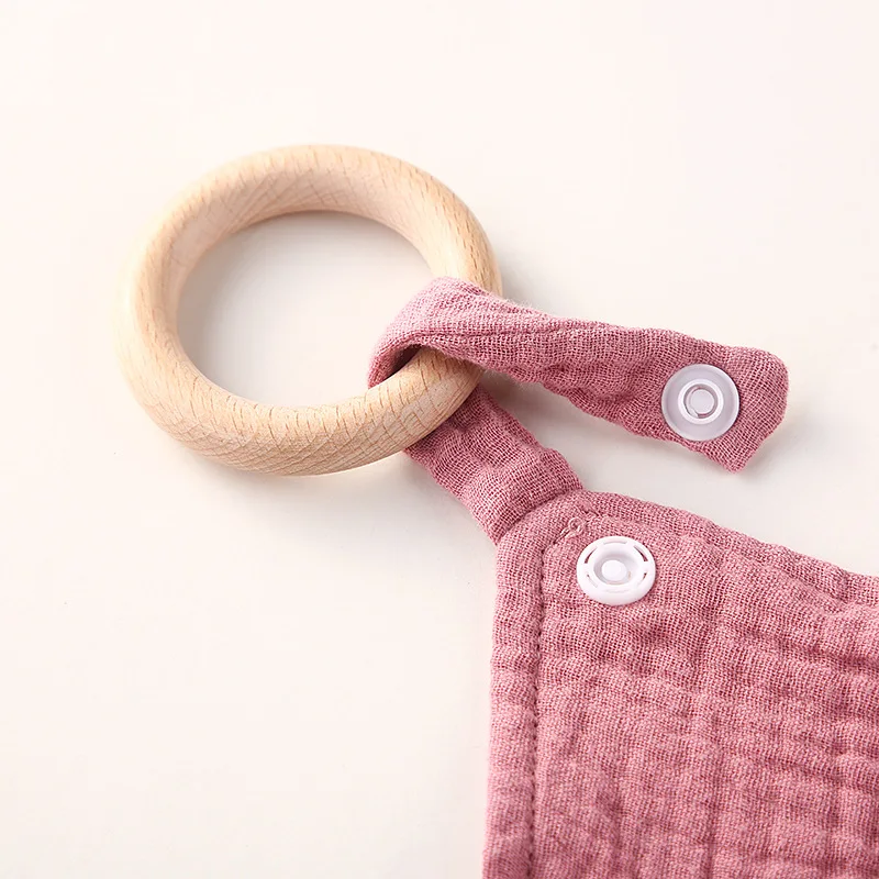 Soft Newborn Muslin Double Cotton Comforter Towel Baby Soothe Appease Towel Burp Cloth with Wood Teether Ring Snap Button