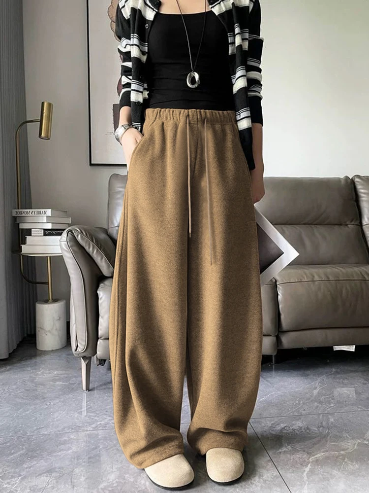 Women's 2025 Winter Thick Fleece Lined Curved Pants - Korean High Waisted Loose Drawstring Cuffed Wide Leg Pants