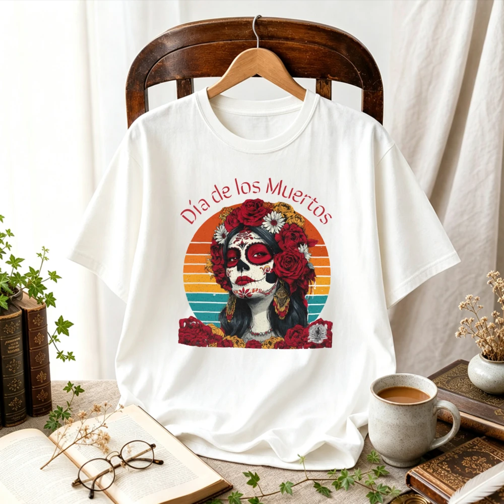 Dia De Los Muertos Sugar Skull Lady Red Rose Floral Retro Sunset Mexican Day of The Dead Vintage Art Graphic Cotton T‑Shirt Tops