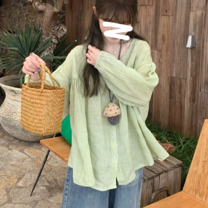 

Весенняя льняная шелковая кукла Freeny irt, женский свободный легкий дышащий белый повседневный длинный круглый топ све