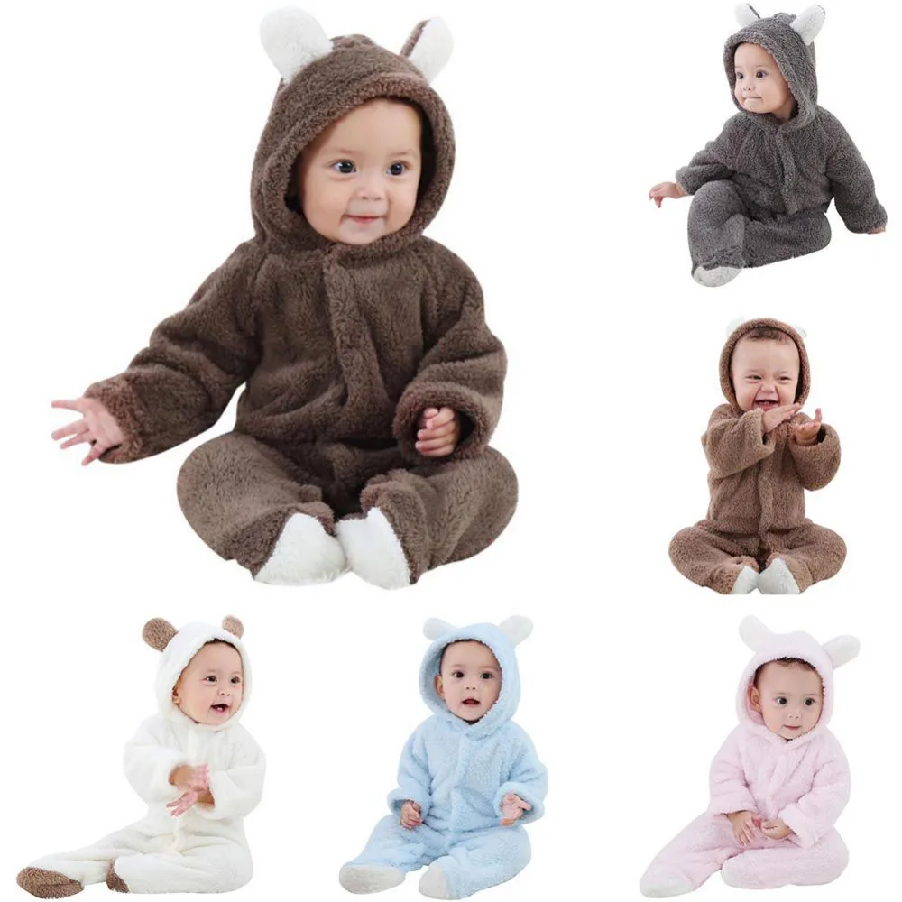 Newborn Baby Boy Girl Kids Bear Hooded Romper Jumpsuit Coral Fleece Bodysuit Clothes Outfits One Piece Outfit Toddler Playsuit