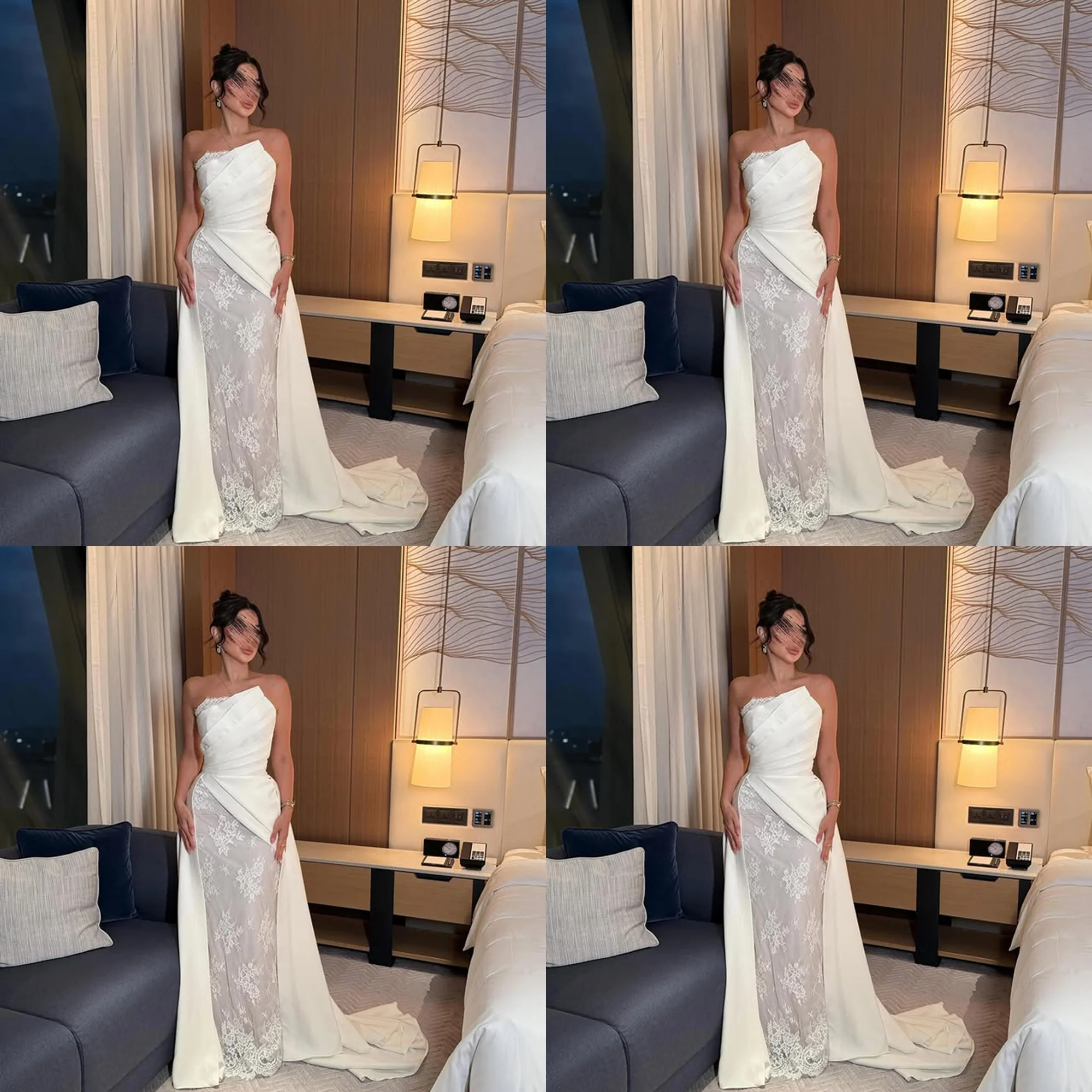 

Elegant Bridal Strapless Satin Pleated Mermaid Evening Gown Backless Lace Bridal Party Dress with Sweep Train Customized