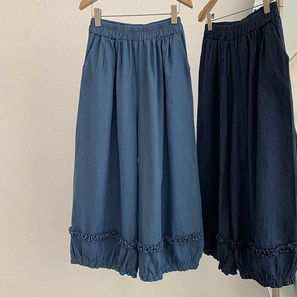 

Elastic Waist Ruched Denim Pants for Women Summer Casual Loose Wide Leg Jeans Korean Style Retro Ankle-Length Trousers
