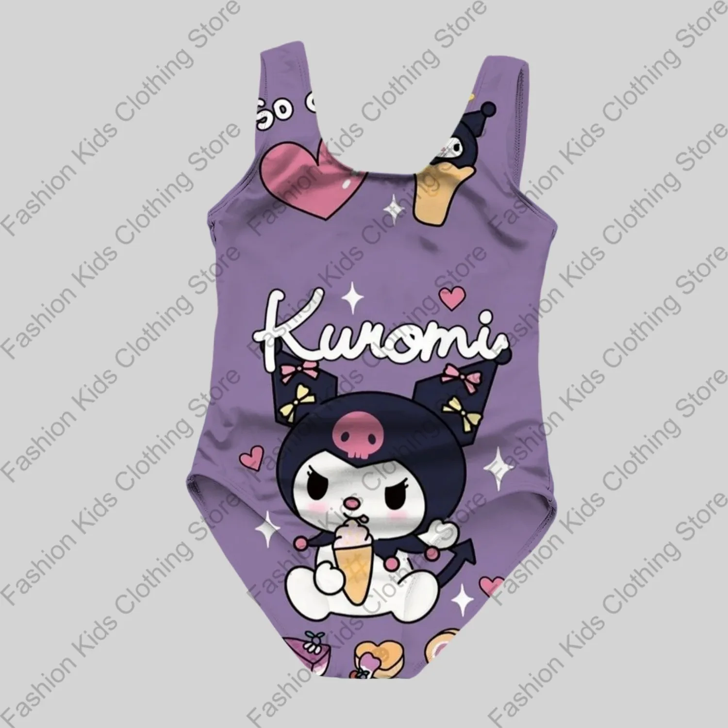 MINISO Girls Summer One-Piece Swimsuit Fashion Cartoon Cute Kuromi 3d Print Women Swimwear Girls Sleeveless Girls Swim Clothing