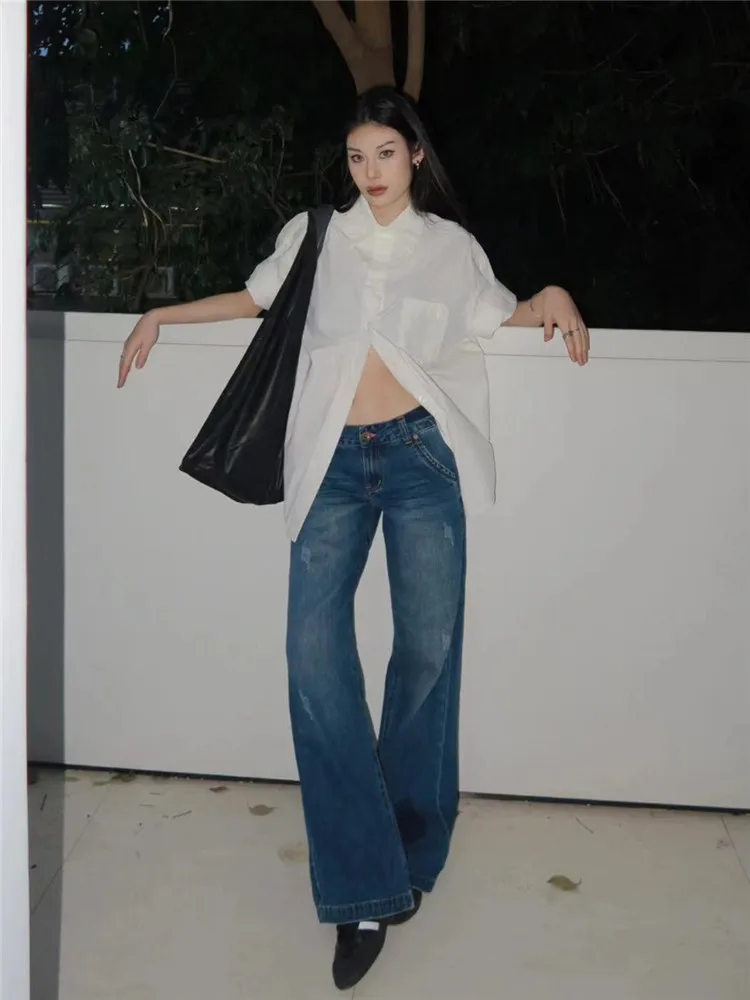 

American Vibe High Street Extended Deep Blue Low Waist Flared Jeans Women's Spring Autumn Wide Leg Pants Low Waist Zipper Clo...