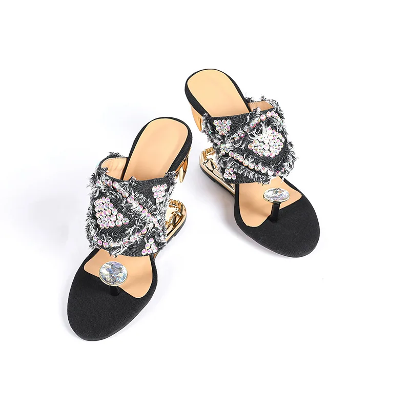 

Metal Teeth Shaped Heel Slippers Rhinestone Round Toe Pumps Slip On Wedge Plus Size Women Shoes Sandalias Mujer Verano