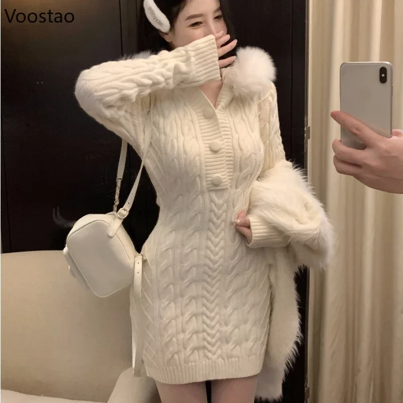 

Autumn Winter Elegant Women Sweater Christmas Red Slim Fur Patchwork Hooded Knitted Dress Female Korean Knitwear Hoodie Tops