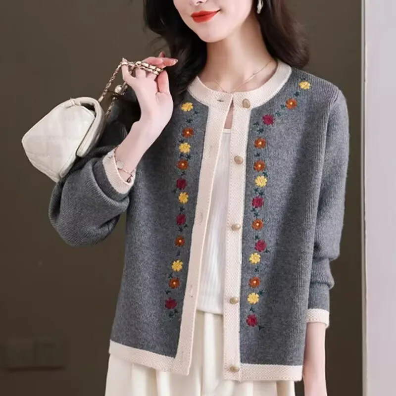 Cardigan brodé pour femmes, pull décontracté, col rond, manches longues, court, tricoté, sauvage, doux, nouvelle collection printemps automne