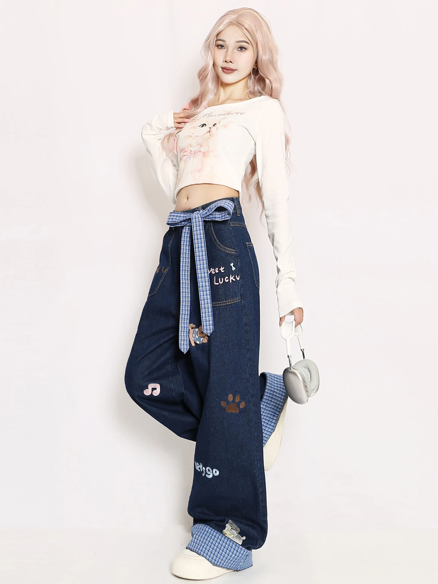 Cute Dog Bow Tie Embroidered Denim Pants High Waist Wide Leg Straight Cut Cuffed Casual Blue Jeans for Young Women Autumn
