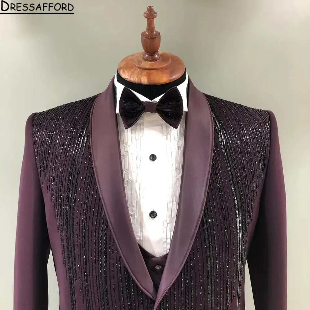 Burgundy Handmade Beading Blazers Men Suits Fashion Banquet 2 Piece Business Jacket Pants Trousers