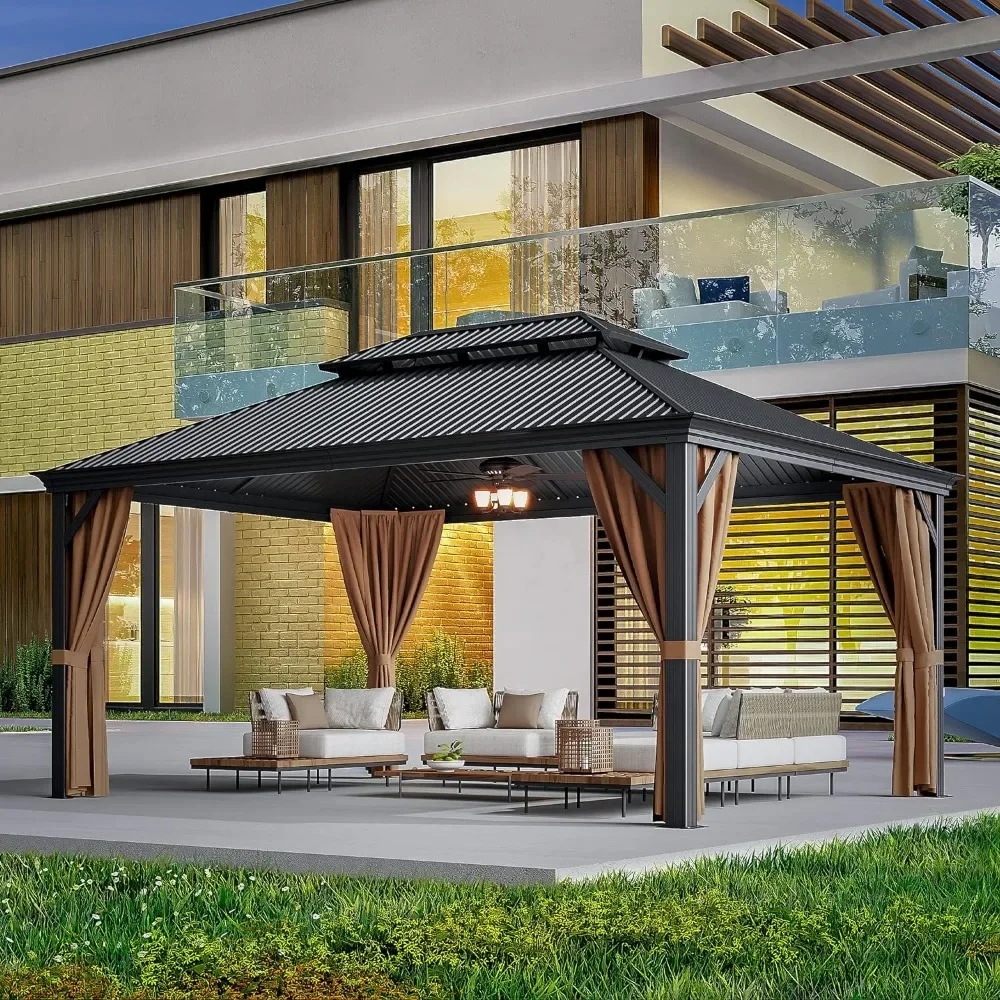 12'x16 'hard top outdoor pavilion, galvanized steel double roof canopy, aluminum frame permanent pavilion with mesh and curtains