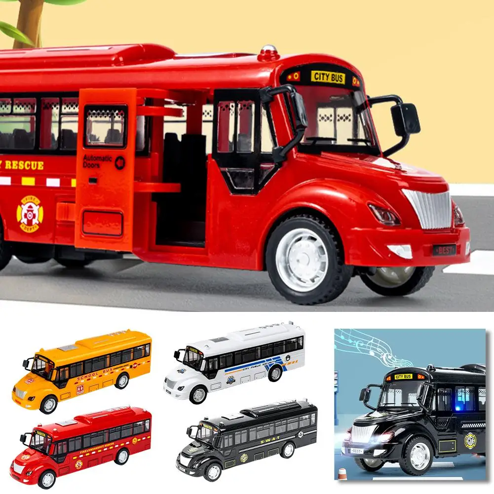 Modèle de Bus à inertie de musique légère, jouet à tirer vers l'arrière, Bus à tirer vers l'avant, fonctions de porte ouverte sur le Campus, coulissant à inertie U7x0