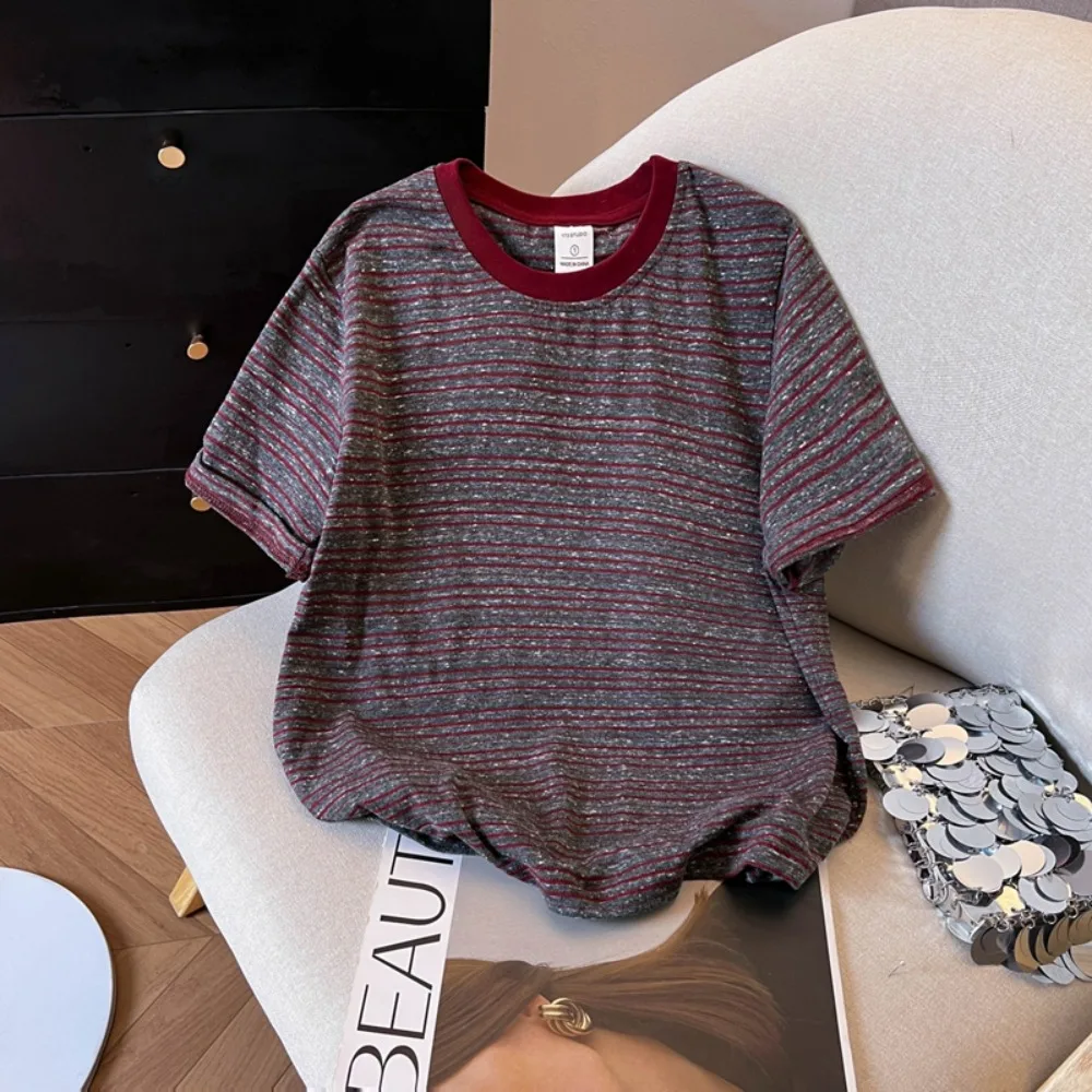 

Women print O-neck striped patchwork Elegant Chic T-shirts French t shirt Plus Size Clothing women clothing