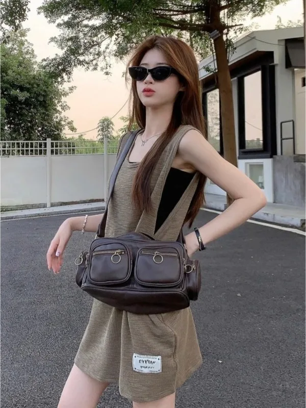 Summer New Fashion American Retro Lazy Style Loose Casual Versatile Long Vest Strap Top Women's Loose Fit round Neck Top