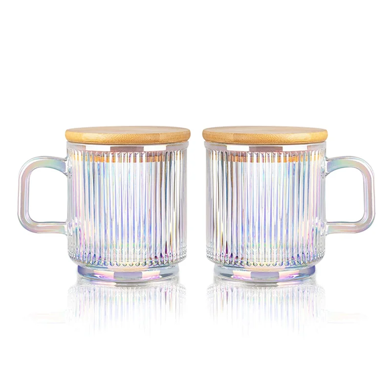 2Pc Glass Coffee Cup with Lid Glass Coffee Mugs Ribbed Coffee Glasses with Handle for Latte Cappuccino Tea Milk A