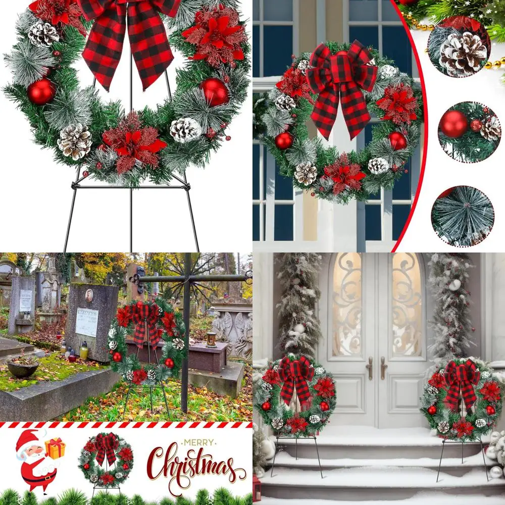 

Buffalo Plaid Christmas Wreath with 30 Stand for 24 Grave Memorial, Pinecones, Red Berries, Poinsettia