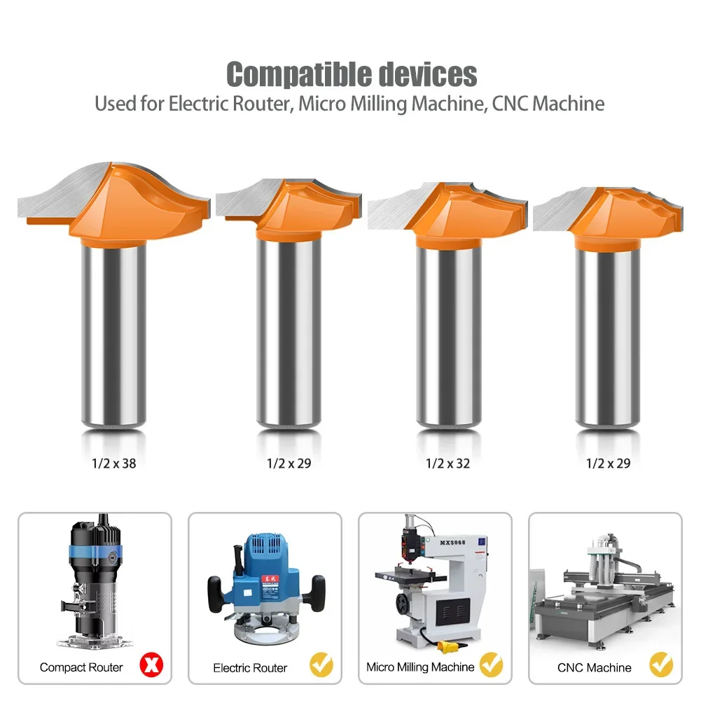 1/2” 12mm Shank Thin Woodworking Door Frame Router Bits for Wood Carbide Classical Door Cabinet Bits Carving Milling Inserts