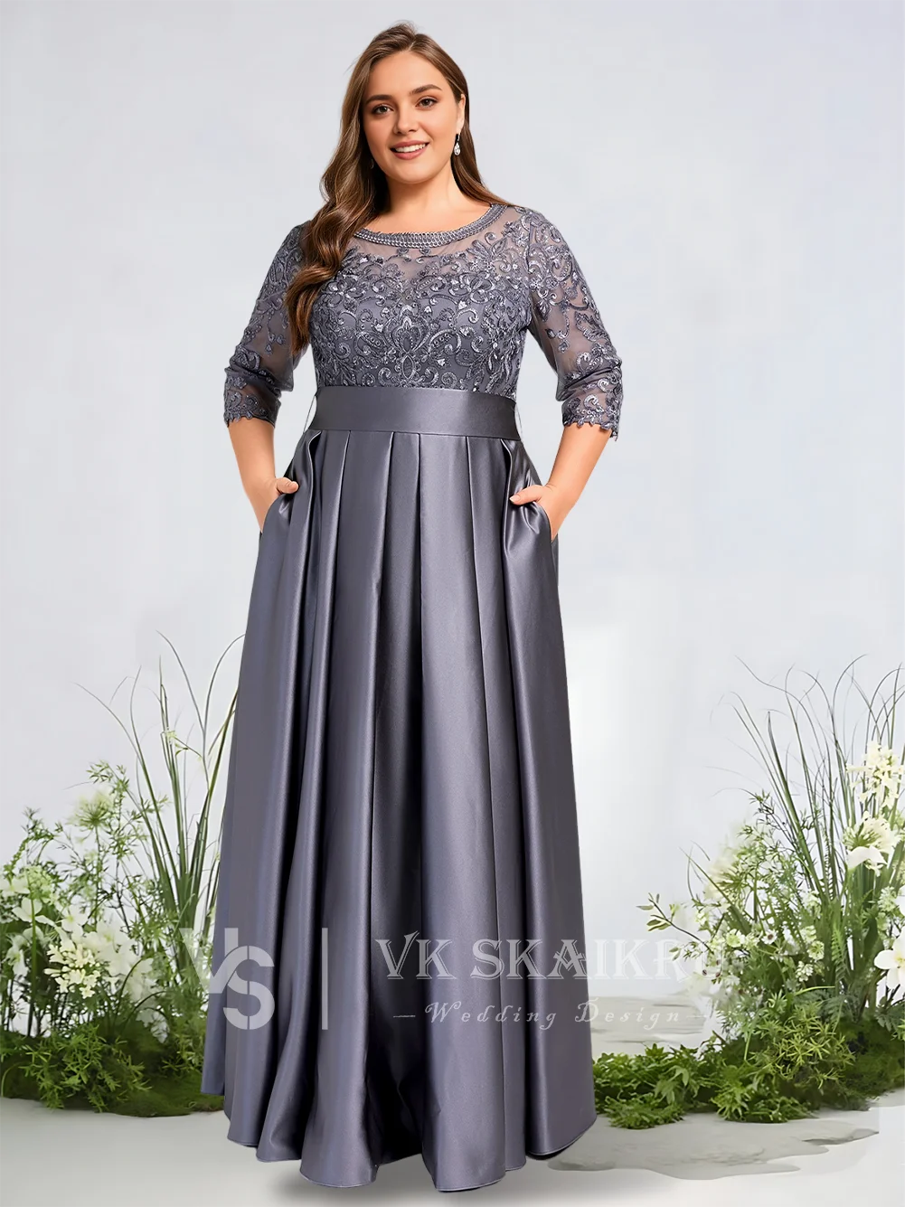 

A ​​Stormy Mother Of The Bride Dress Lace Satin Floor-Length A-Line Scoop 3/4 Sleeve Sequined Bow Wedding Guest Party Evening