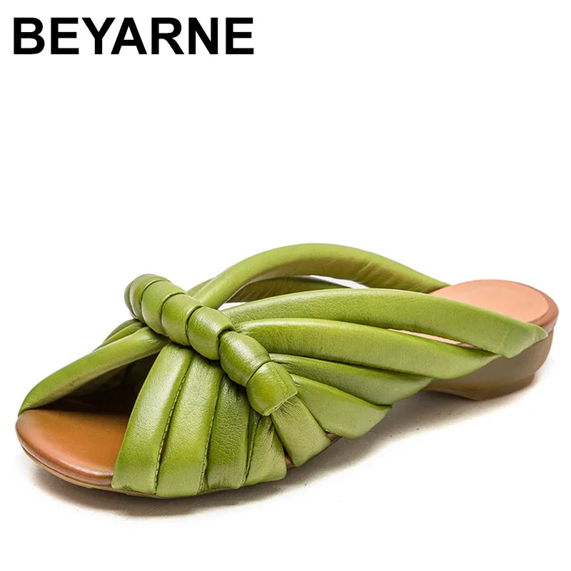 

Summer New Women' Shoes Genuine Leather Fashion Low Heel Slippers Peep Toe Breathable Outdoor Slides