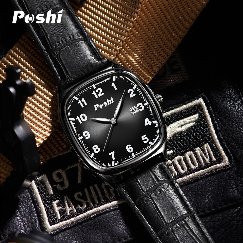 Reloj POSHI para hombre, relojes de cuarzo con correa de cuero de moda, calendario luminoso resistente al agua, reloj de pulsera deportivo informal