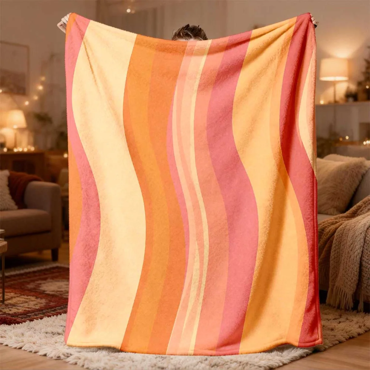 Plush Striped Throw Blanket 150x200cm Boho Peach Orange Cozy Winter Couch Decor Gift