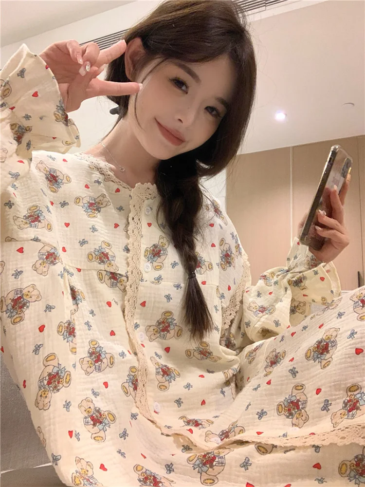 Bear Cartoon Cute Soft Cotton Winter Autumn Home Long Sleeve Pajama Set Women Elegant Casual Sweet NightDress Pattern Kawaii Ins