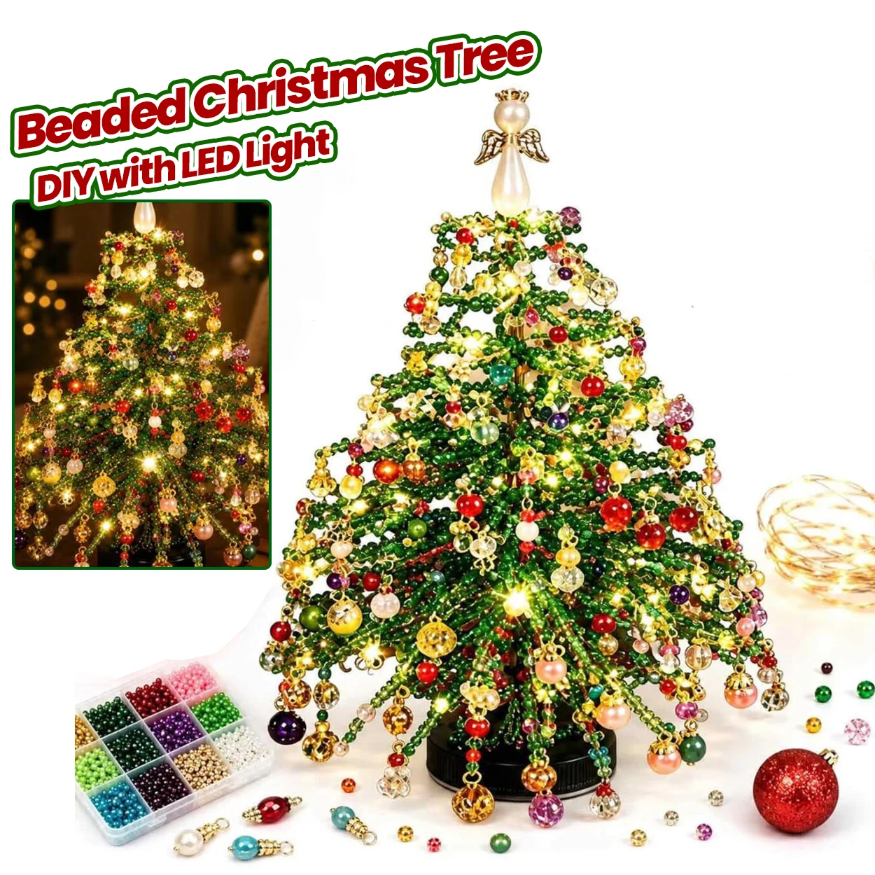 DIY Beaded Christmas Tree with Light Handmade Kit Crystal Bead Colorful Mini Beads Weaving Home Decor Table Sparkling Art Craft