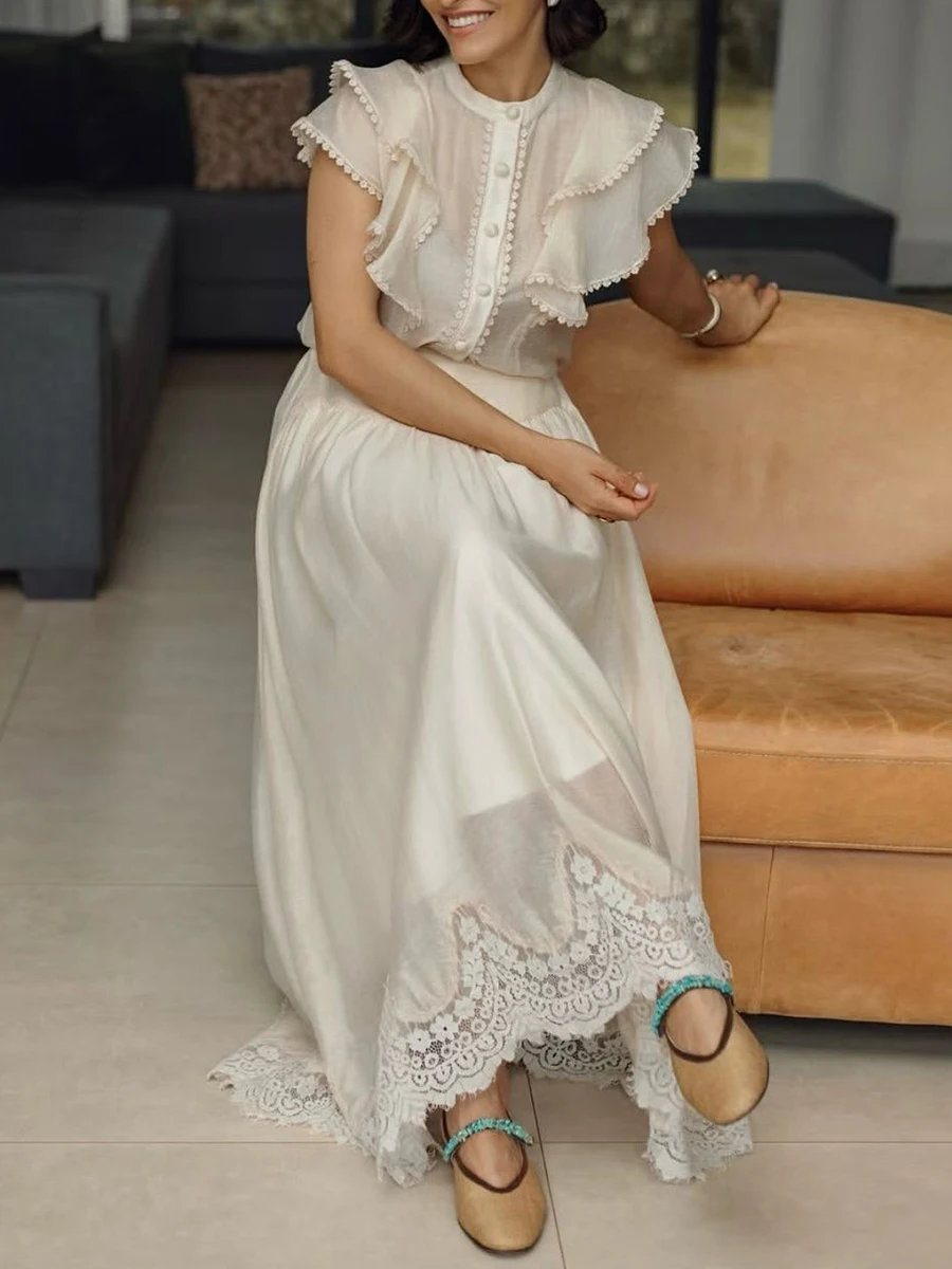 VGH Solid Two Piece Set for Women Stand Collar Short Sleeve Top High Waist Patchwork Irregular Lace Hem Skirt Casual Suit Female