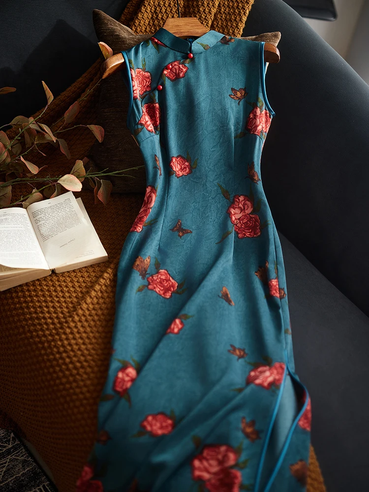 

Young Girl's Ele anghai Qipao Dr Retro Sle Embroidered Slit Daily Wear Floral Patterned Midi Qipao for Summer