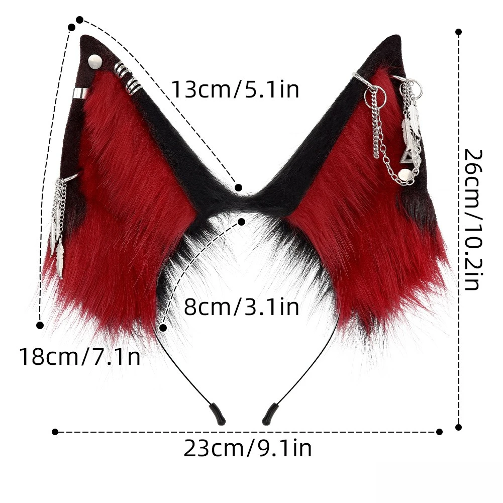Halloween Beast Ear Headband, Gothic Punk Faux Fur Wolf Ears  with Metal Chain Charm for Halloween Cosplay Party Accessories