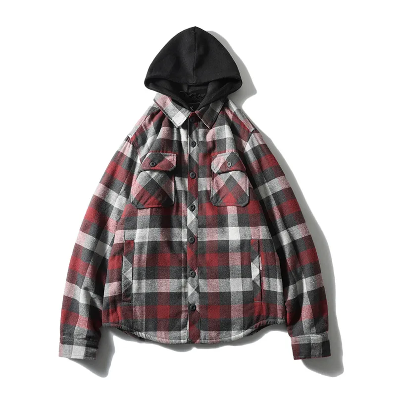 Winter Men\'s Plaid Thick Fleece Hooded Shirts Jacket Autumn Outwear Flannel Quilted Lined Checkered Shirt Man Camisas De Hombre