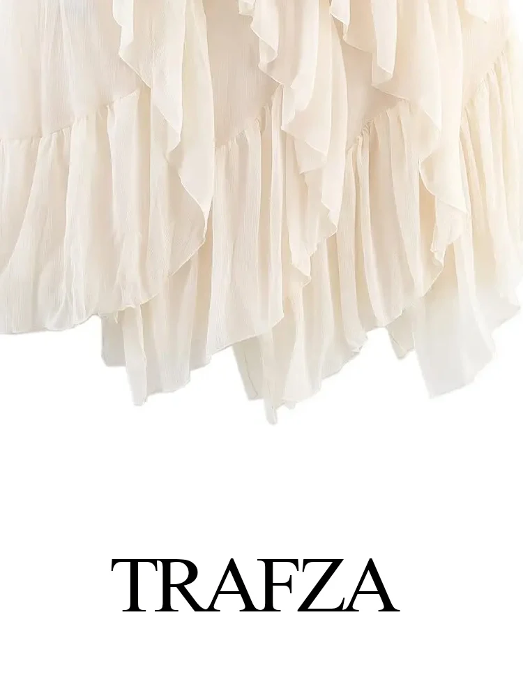

TRAFZA Summer Women Chic Stacked Ruffle Design Midi Skirt 2025 Woman High Waist Solid Skirt Seaside Vacation Beach Skirt Mujer