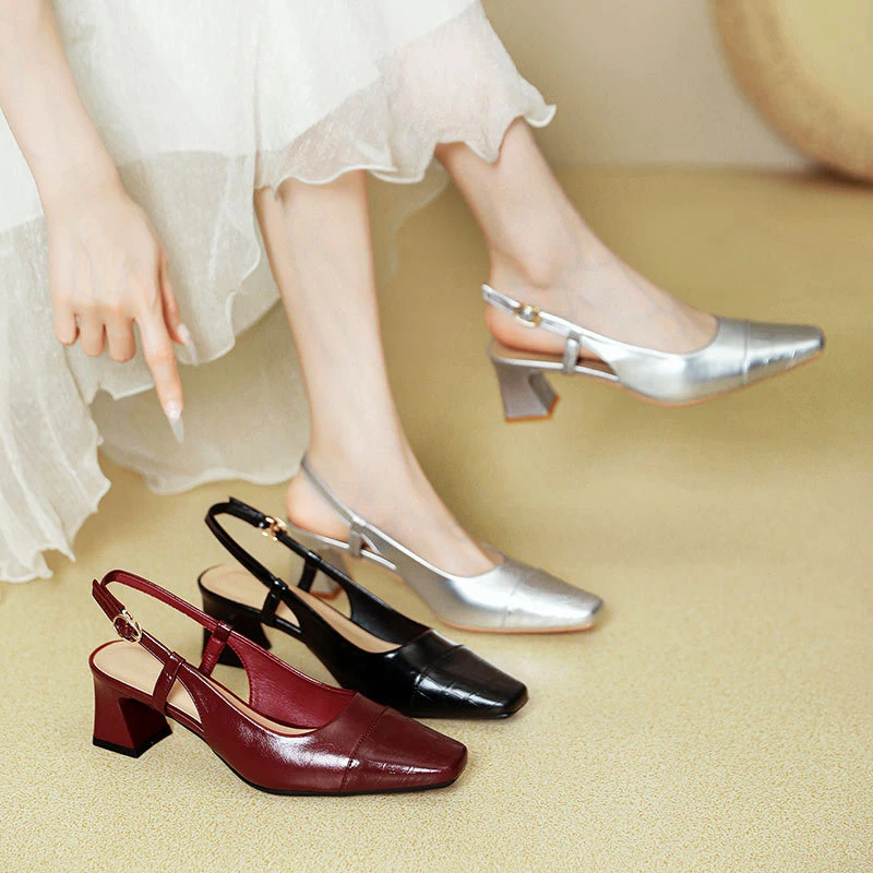 

French-style buckle strap high-heeled shoes with chunky heels, this year's new closed-toe sandals for women, summer square-toed