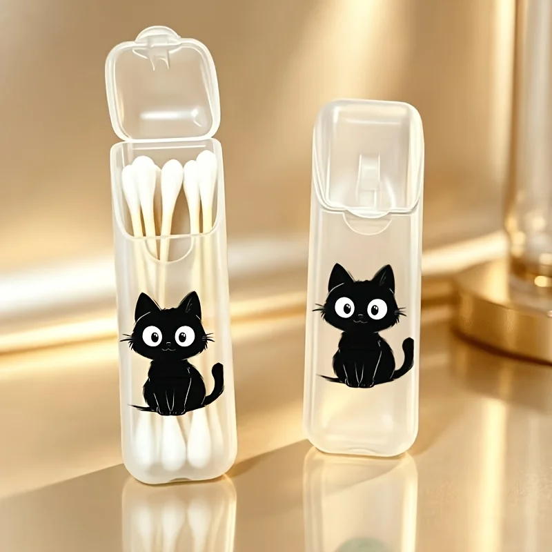 1Pc New Cute Black Cat Print Portable Travel Cotton Swab Storage Box, Dental Floss Storage Box (Box Only), Portable Storage, Jewelry Organizer, Cotton Swab Organizer, Compact Box, Lightweight Box, Durable Plastic, Sturdy Structure, Cotton Swab Storage, for Frequent Travelers, Home Storage, Travel Accessories, Gift for Friends, Birthday Gift, Valentine's Day Gift, Christmas Gift, New Year Gift