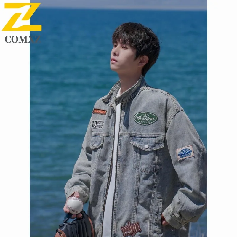 

COMXZ Осенняя джинсовая куртка с вышивкой, мужская трендовая универсальная куртка, мужское джинсовое пальто, свободная американская винтажная легкая ветровка