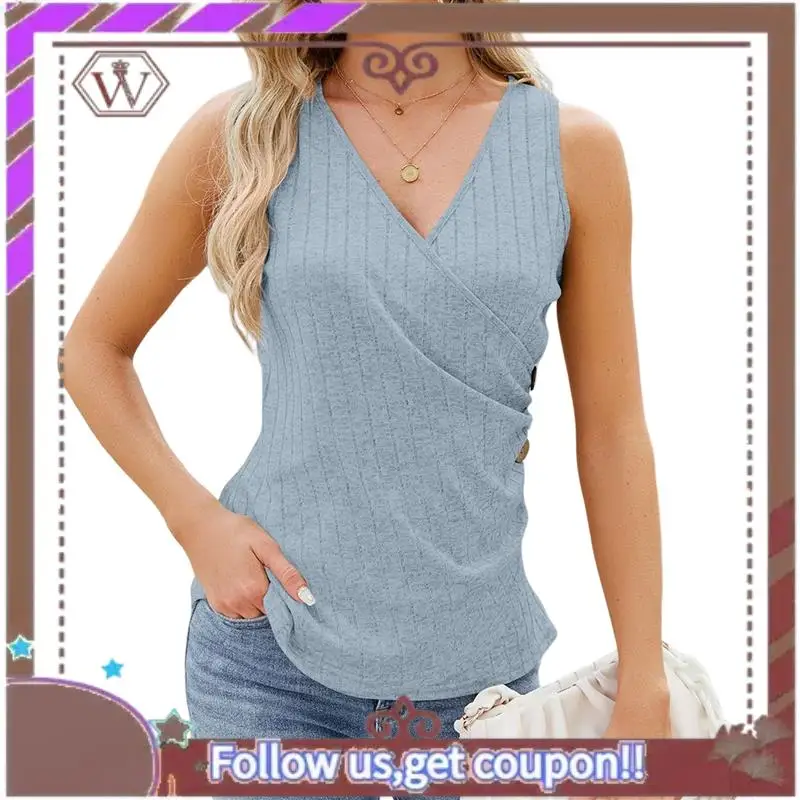A95D-Womens Summer Tank Tops Casual Eyelet Embroidery Sleeveless Shirts Comfy Button Design Slim Fit Basic Tee