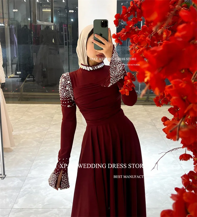 XPAY Sparkly Burgunday Muslim Arabic Women Evening Dresses Beads Diamond Pleats Chiffon Customised Prom Gowns Formal Party Dress