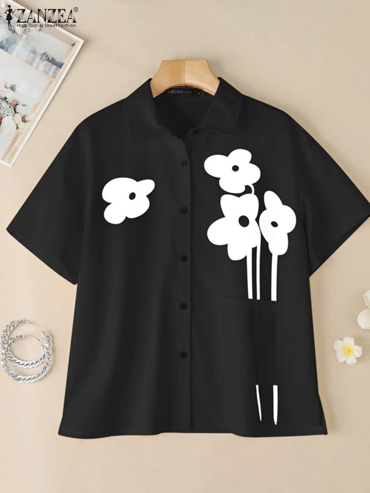 2025 ZANZEA 女性ラペルネック半袖ブラウス夏のファッションシャツカジュアルプリント Blusas 女性の仕事 OL トップスオーバーサイズシュミーズ
